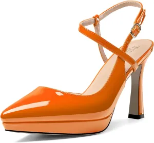 TNYNFBEB Womens Stiletto High Platform Heel Pointed Toe Pumps Slingback Ankle Strap Buckle Party Cute 3.9 Inches Heels