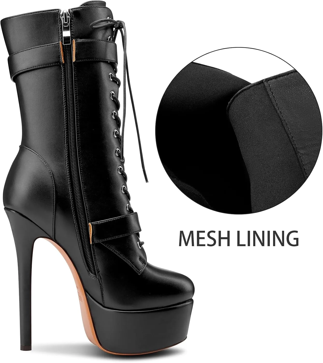 TNYNFBEB Womens Stiletto High Platform Heel Round Toe Ankle Boots Short Bootie Boots Lace-up Buckle Zipper Prom Dress 5.9 Inches Heels