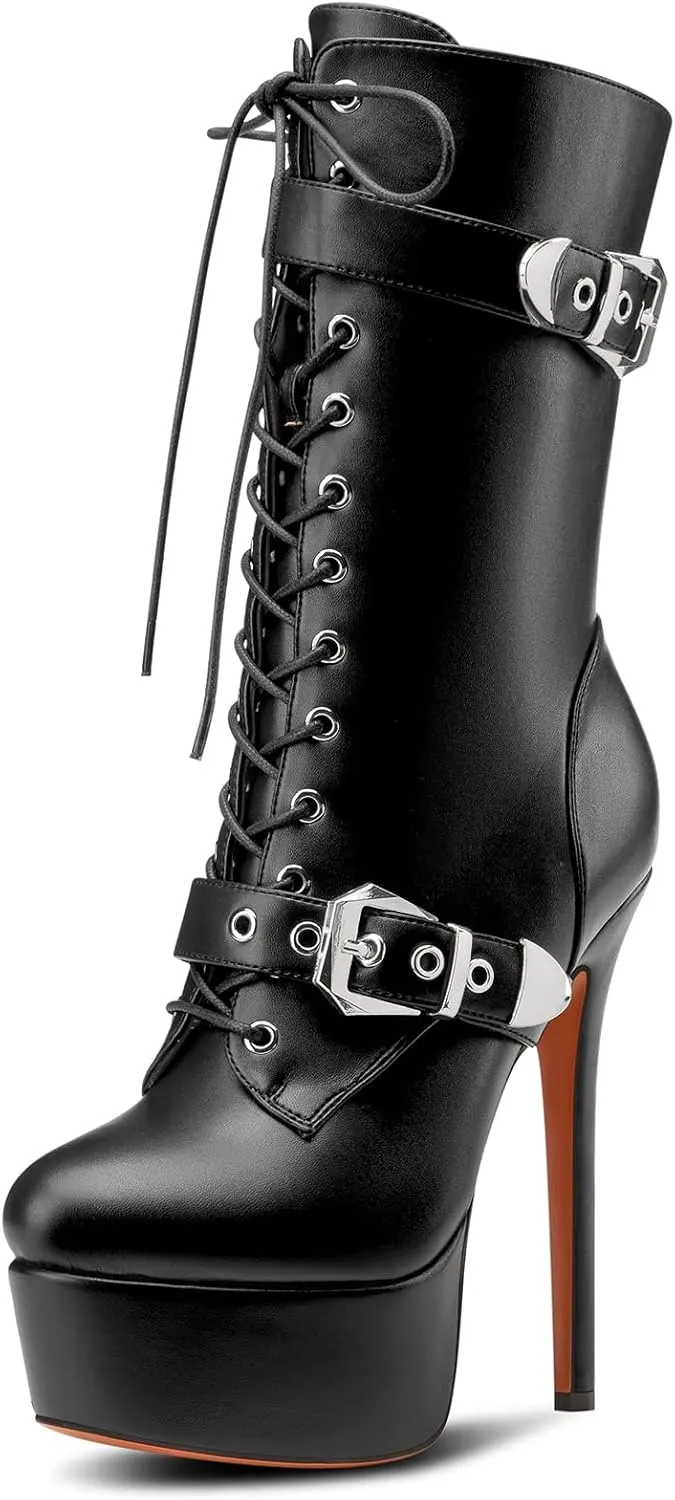 TNYNFBEB Womens Stiletto High Platform Heel Round Toe Ankle Boots Short Bootie Boots Lace-up Buckle Zipper Prom Dress 5.9 Inches Heels