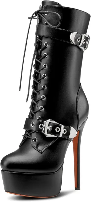 TNYNFBEB Womens Stiletto High Platform Heel Round Toe Ankle Boots Short Bootie Boots Lace-up Buckle Zipper Prom Dress 5.9 Inches Heels