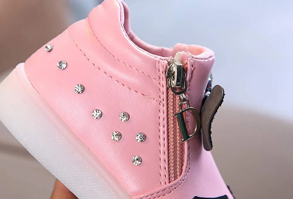 Toddler Girls hinestone Light Up Sneaker High Top Slip On Soft Rubber Bottom Zipper Cute Fashion Athletic Shoes
