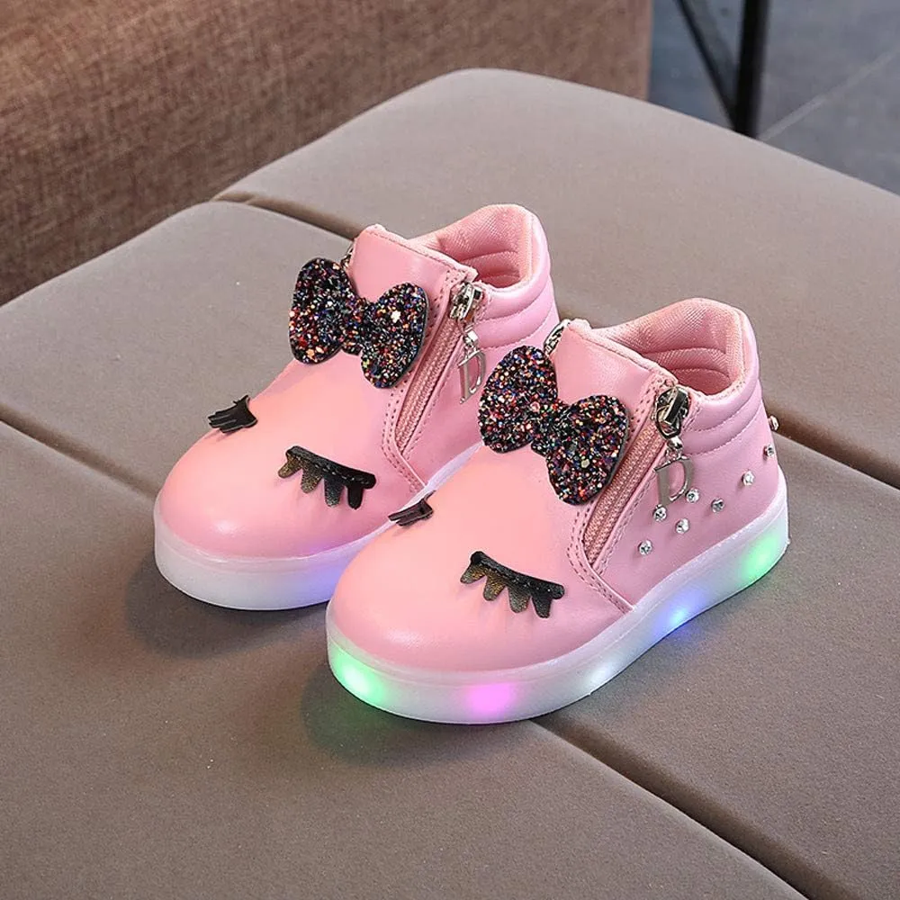 Toddler Girls hinestone Light Up Sneaker High Top Slip On Soft Rubber Bottom Zipper Cute Fashion Athletic Shoes