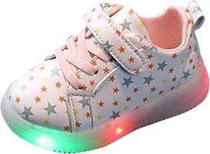 Toddler Kids Girls Light Up Shoes, Lightweight Breathable Anti-Slip Led Flashing Sport Sneakers with Star Pattern Baby Shoes Girl Leather