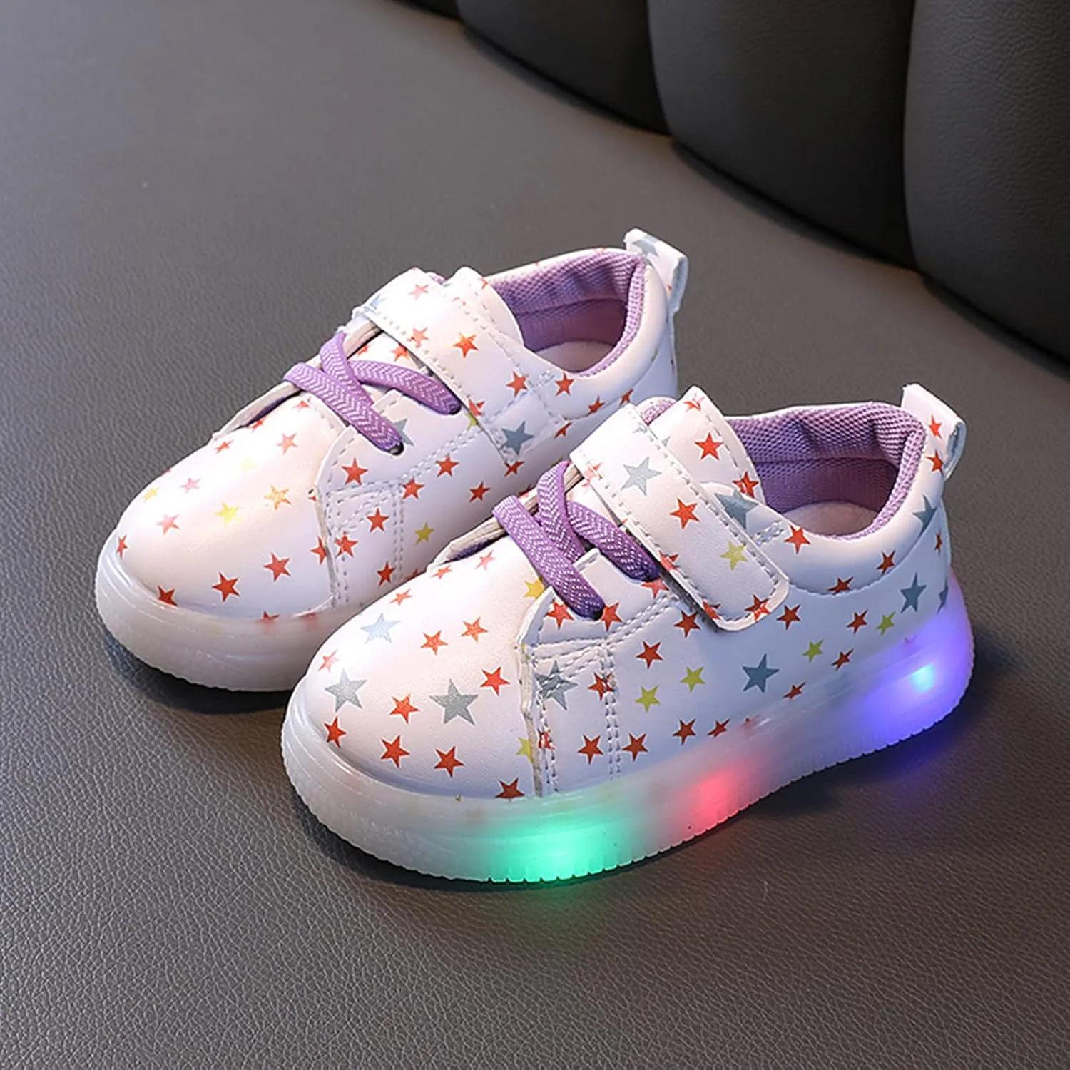 Toddler Kids Girls Light Up Shoes, Lightweight Breathable Anti-Slip Led Flashing Sport Sneakers with Star Pattern Baby Shoes Girl Leather
