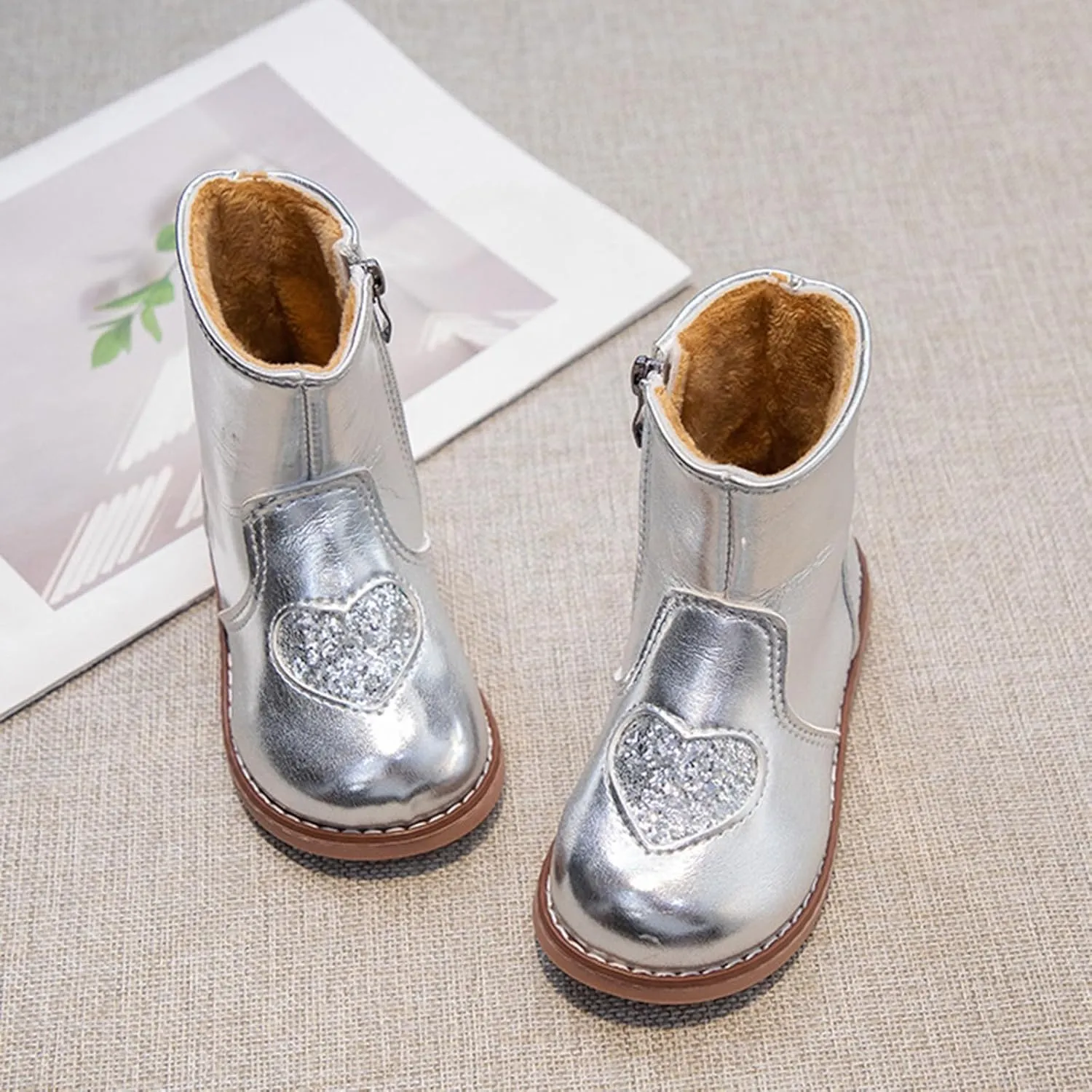 Toddler/Little Kid Girls Sweet Short Ankle Boots Heart Sequin Side Zipper Dress Booties 2024 Fashion Walking Shoes
