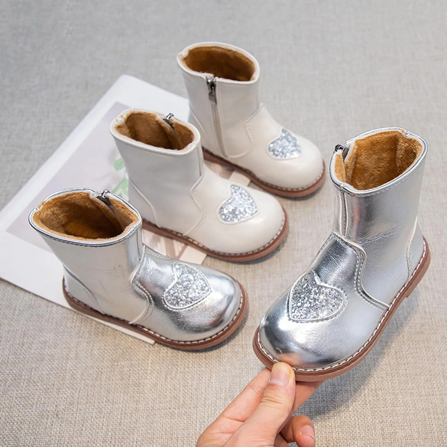 Toddler/Little Kid Girls Sweet Short Ankle Boots Heart Sequin Side Zipper Dress Booties 2024 Fashion Walking Shoes