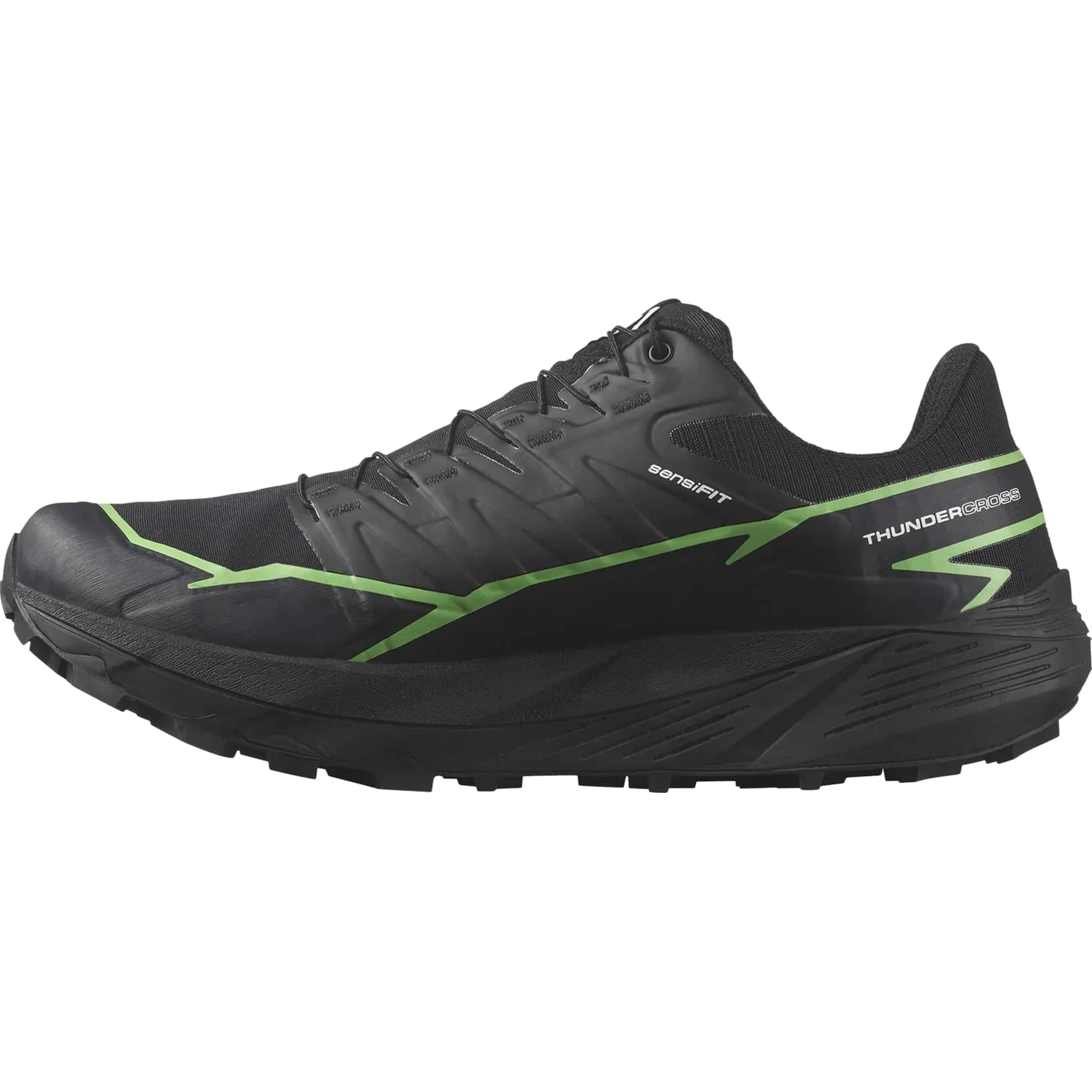Men's Salomon Thundercross GTX  Black - Green Gecko - Black Enhanced Heel Lock soft landing sneakers