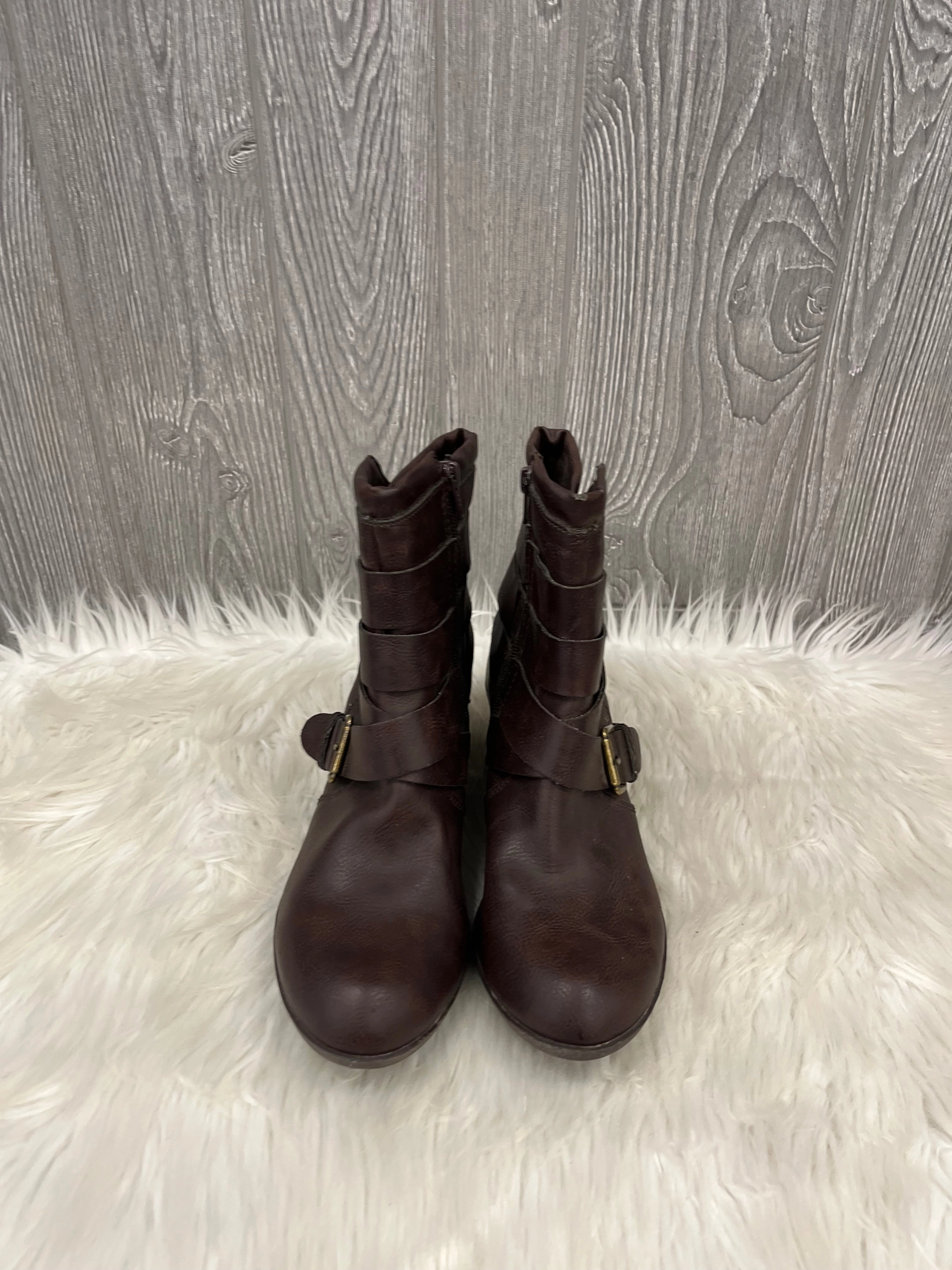 Boots Ankle Heels By Falls Creek In Brown, Size: 8 Composite Toe Guard Zipper Closure