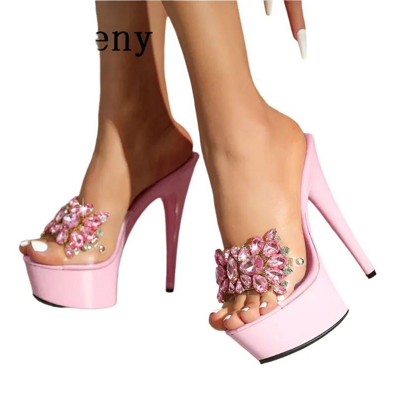Transparent Crystal Rhinestone Platform Sandals – Women's Thin High Heels Party Slippers, Sexy PVC Stripper Shoes