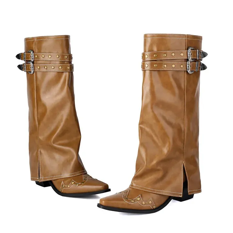 Trend4us Women's Studded Buckle Strap Leather Western Boots