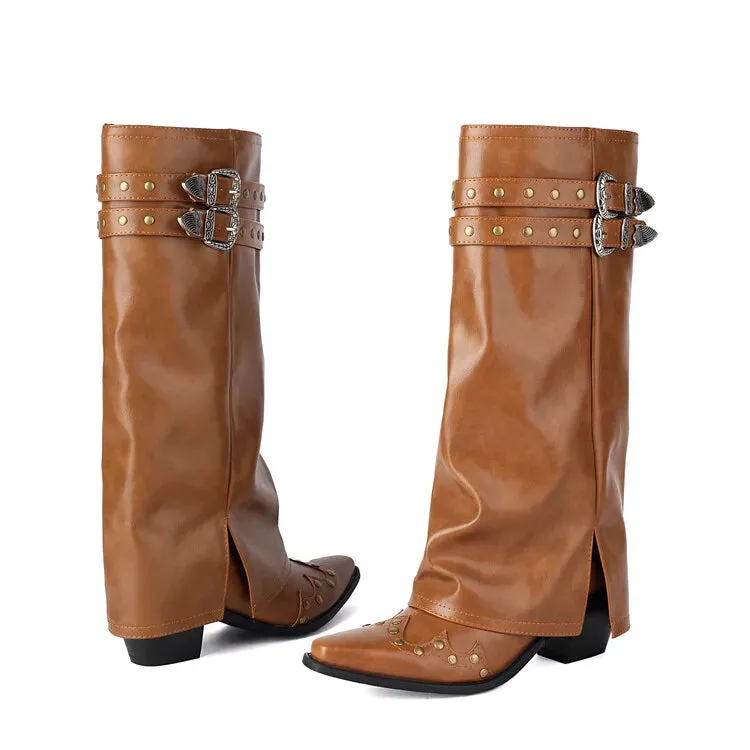 Trend4us Women's Studded Buckle Strap Leather Western Boots