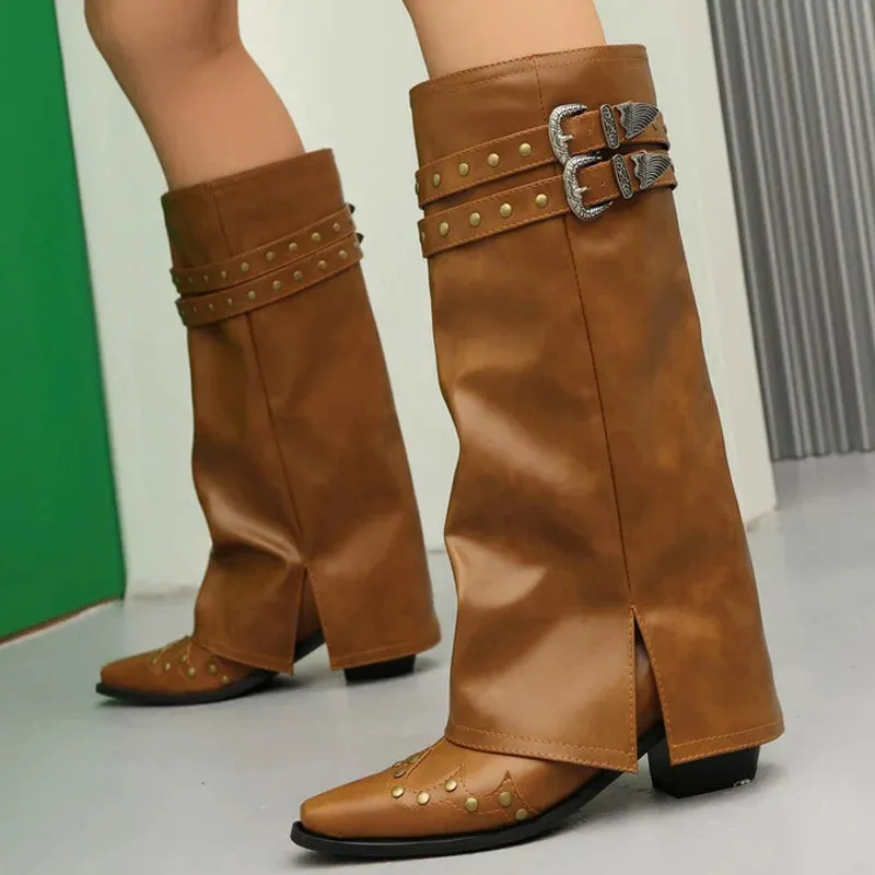 Trend4us Women's Studded Buckle Strap Leather Western Boots