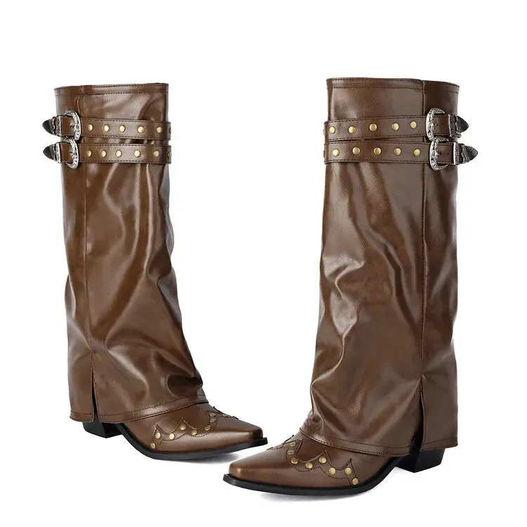 Trend4us Women's Studded Buckle Strap Leather Western Boots