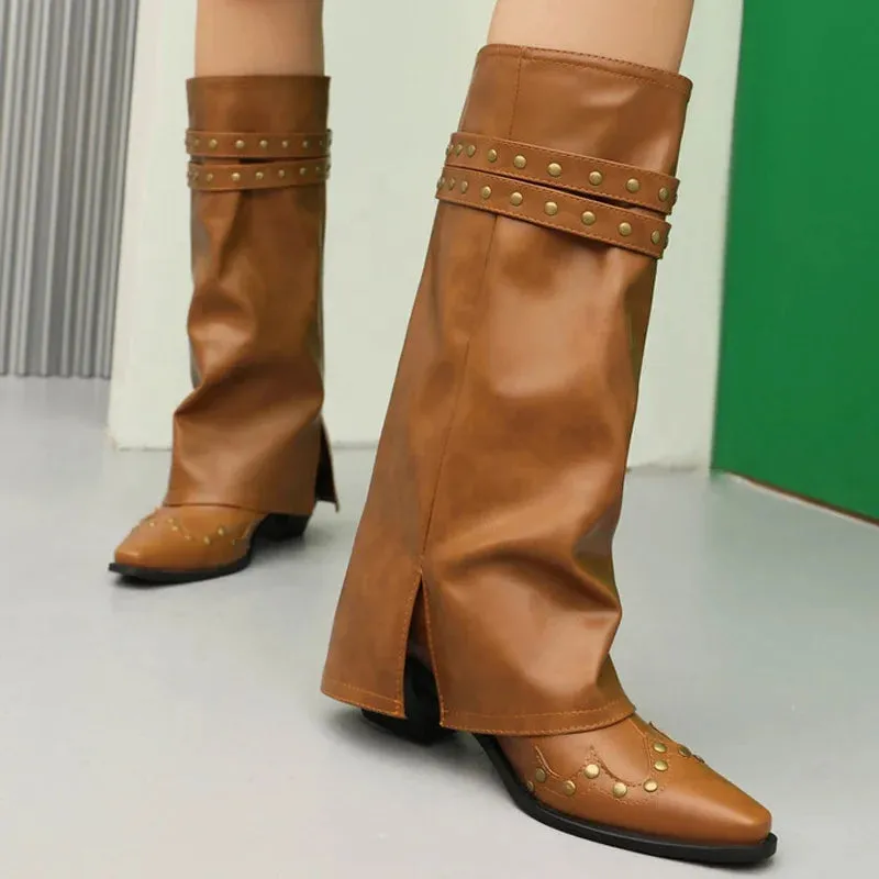 Trend4us Women's Studded Buckle Strap Leather Western Boots