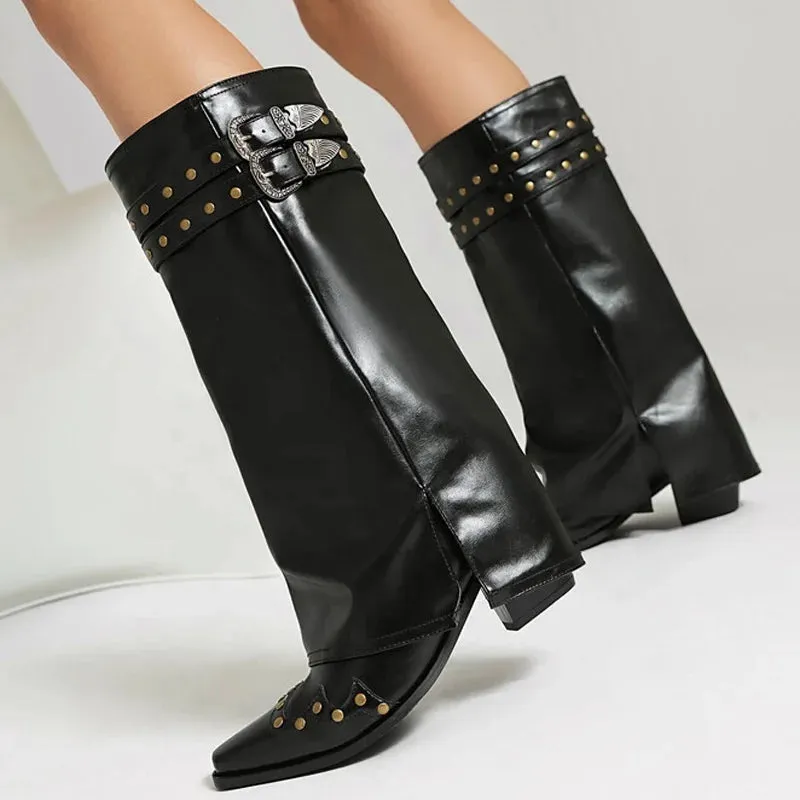 Trend4us Women's Studded Buckle Strap Leather Western Boots