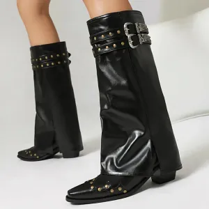 Trend4us Women's Studded Buckle Strap Leather Western Boots