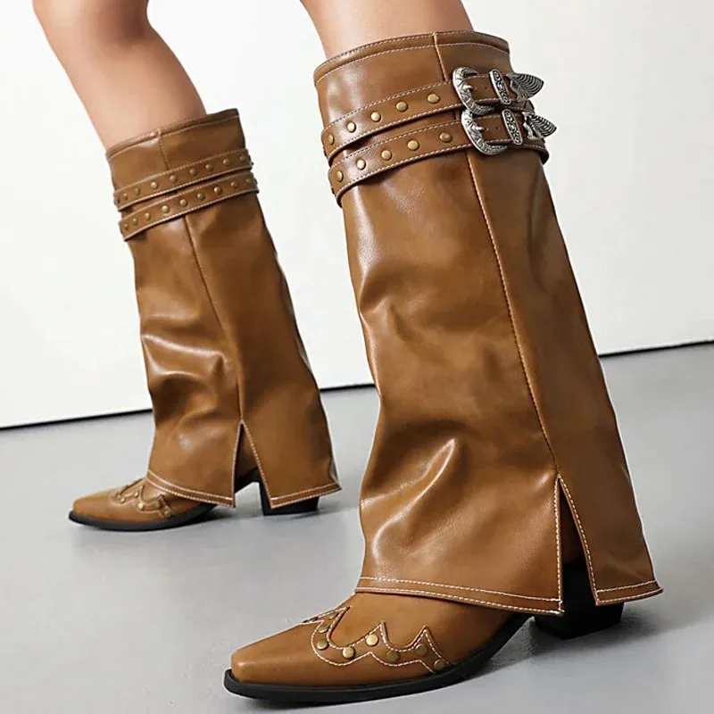 Trend4us Women's Studded Buckle Strap Leather Western Boots