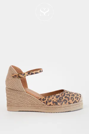 UNISA CACERES LEOPARD LEATHER WEDGE ESPADRILLE SANDALS
