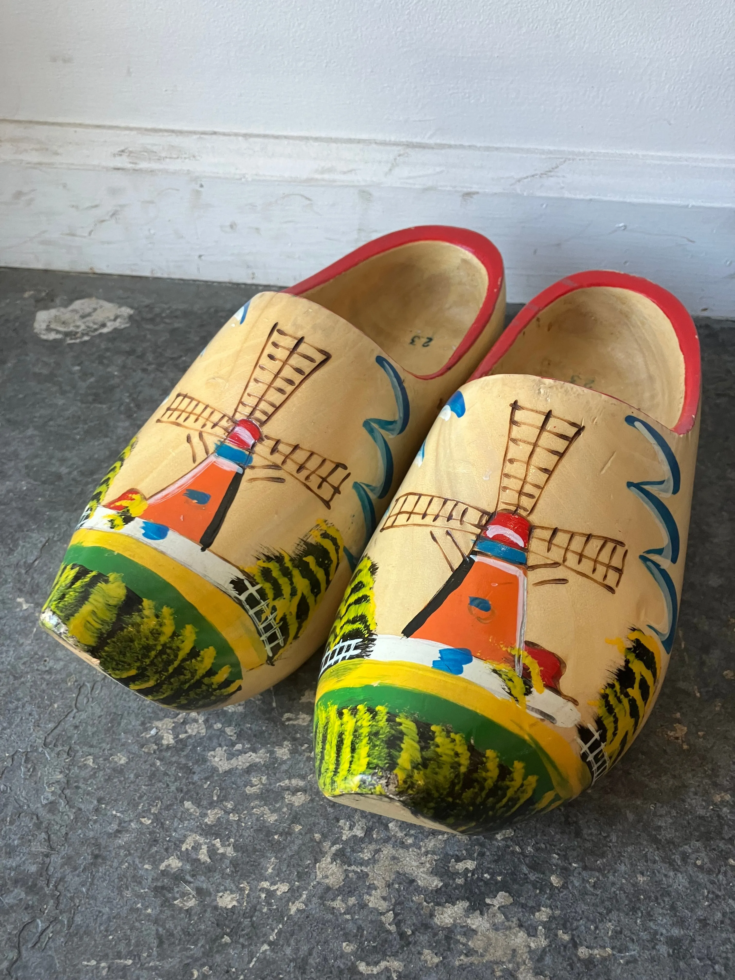 Vintage Dutch Windmill Painted Wooden Clogs