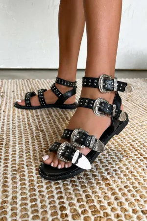 VIRGINIA Studded Western Buckle Sandals - Black