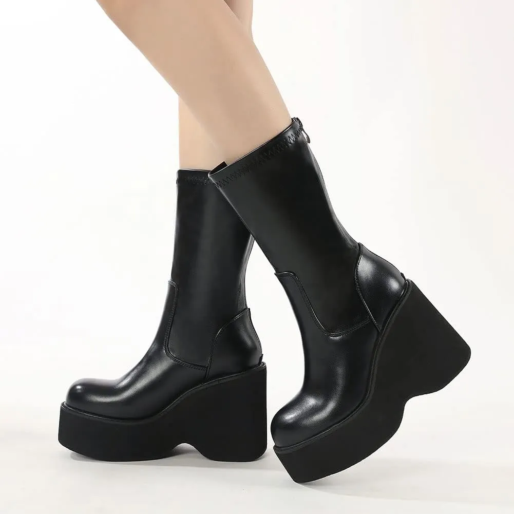 VOMIRA Women's Platform Boots Chunky Wedge Heel Round Toe Streath Leather Side Zipper Goth Punk Mid Calf Boots Combat Boots Winter Motorcycle Boots