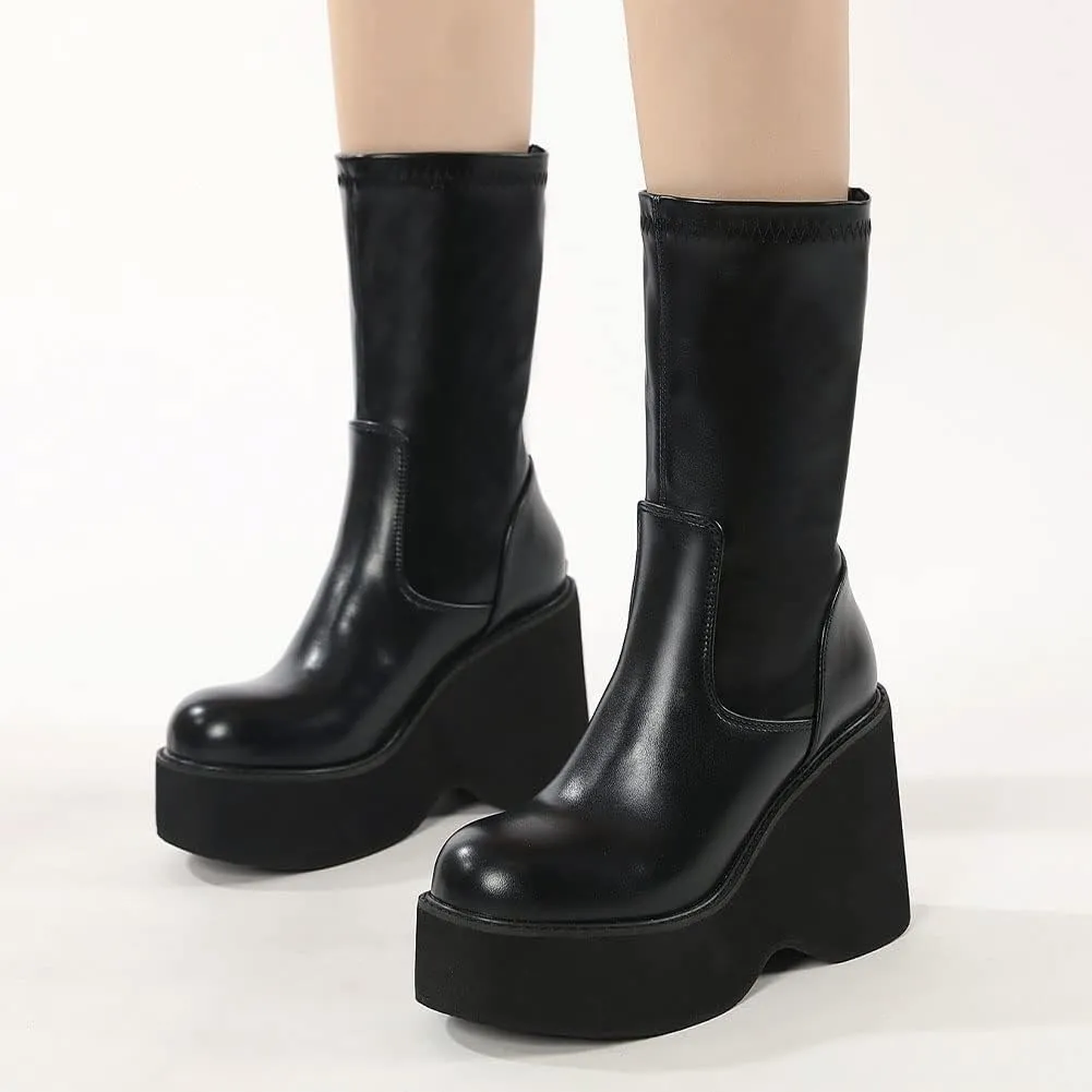 VOMIRA Women's Platform Boots Chunky Wedge Heel Round Toe Streath Leather Side Zipper Goth Punk Mid Calf Boots Combat Boots Winter Motorcycle Boots