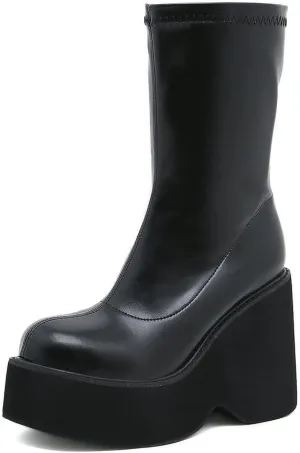 VOMIRA Women's Platform Boots Chunky Wedge Heel Round Toe Streath Leather Side Zipper Goth Punk Mid Calf Boots Combat Boots Winter Motorcycle Boots
