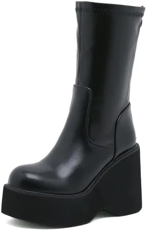 VOMIRA Women's Platform Boots Chunky Wedge Heel Round Toe Streath Leather Side Zipper Goth Punk Mid Calf Boots Combat Boots Winter Motorcycle Boots