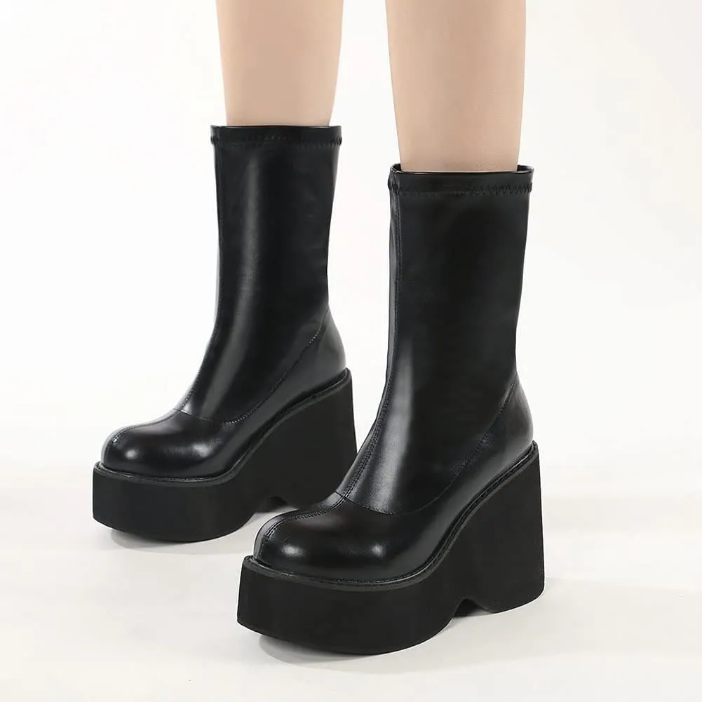 VOMIRA Women's Platform Boots Chunky Wedge Heel Round Toe Streath Leather Side Zipper Goth Punk Mid Calf Boots Combat Boots Winter Motorcycle Boots