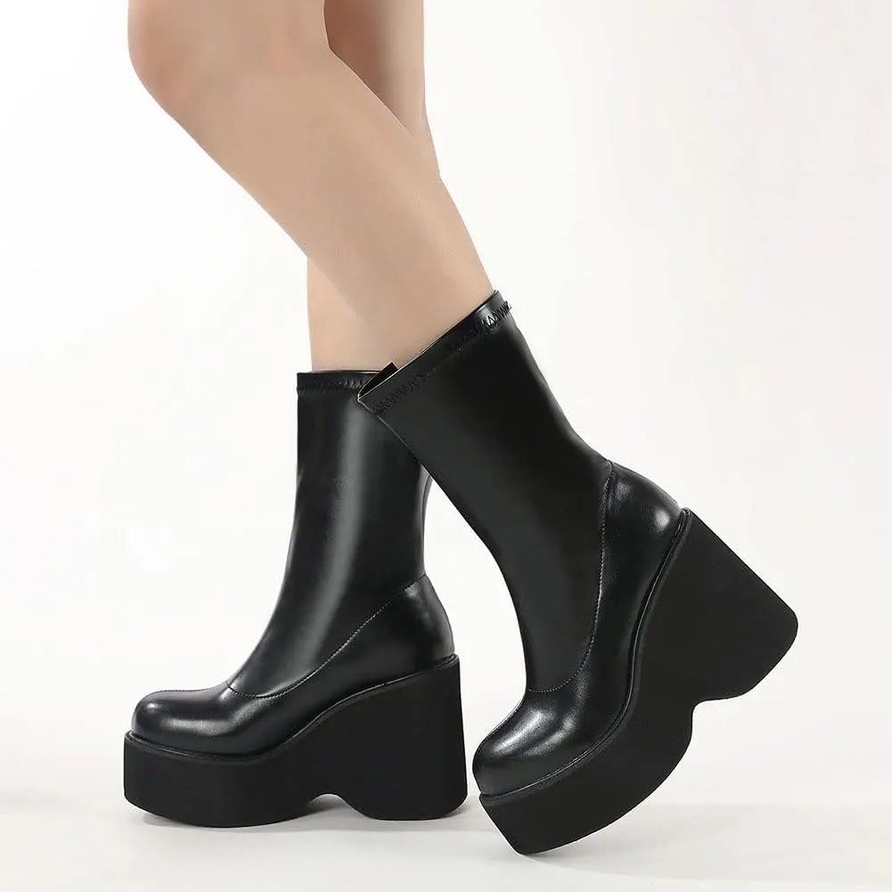 VOMIRA Women's Platform Boots Chunky Wedge Heel Round Toe Streath Leather Side Zipper Goth Punk Mid Calf Boots Combat Boots Winter Motorcycle Boots