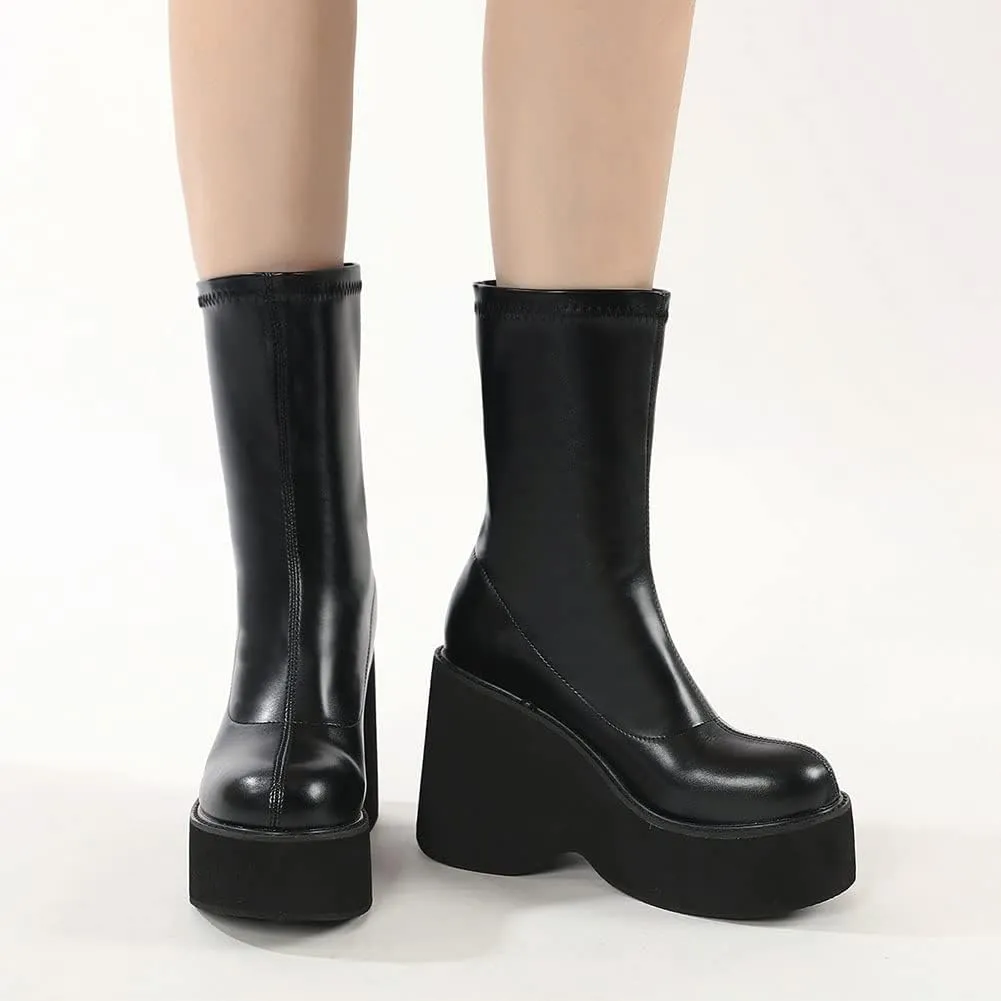 VOMIRA Women's Platform Boots Chunky Wedge Heel Round Toe Streath Leather Side Zipper Goth Punk Mid Calf Boots Combat Boots Winter Motorcycle Boots