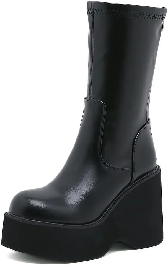 VOMIRA Women's Platform Boots Chunky Wedge Heel Round Toe Streath Leather Side Zipper Goth Punk Mid Calf Boots Combat Boots Winter Motorcycle Boots
