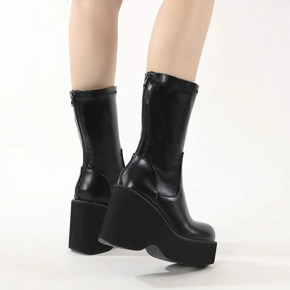VOMIRA Women's Platform Boots Chunky Wedge Heel Round Toe Streath Leather Side Zipper Goth Punk Mid Calf Boots Combat Boots Winter Motorcycle Boots