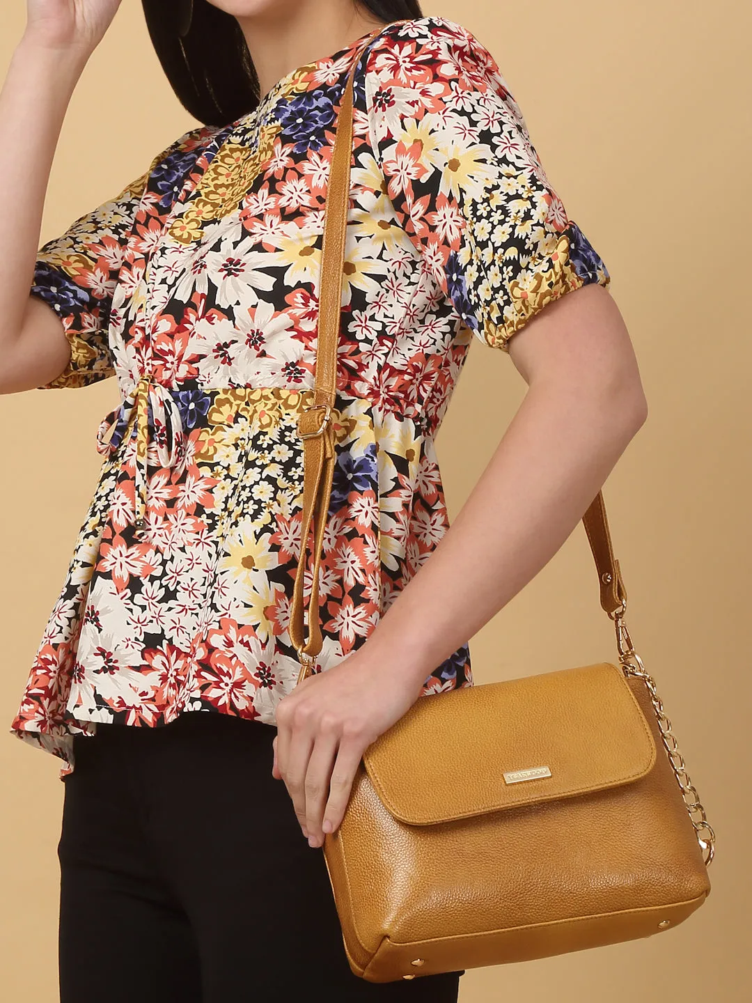 Women Yellow Texture Leather Sling Bag