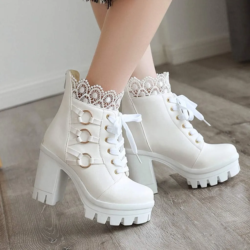Women's Ankle Boots High Heel Lace Up Combat Booties Sweet Lace Zipper Boots Fashion Leather Chunky Booties