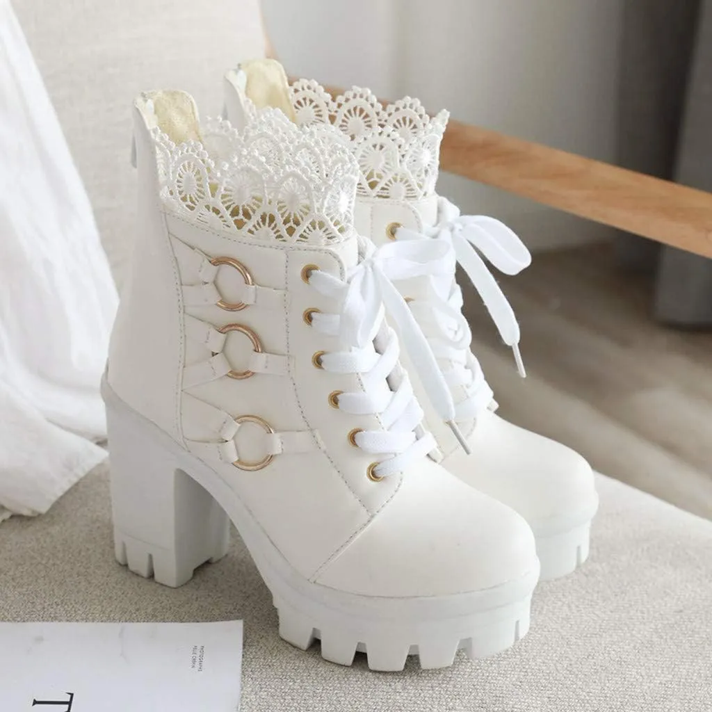 Women's Ankle Boots High Heel Lace Up Combat Booties Sweet Lace Zipper Boots Fashion Leather Chunky Booties