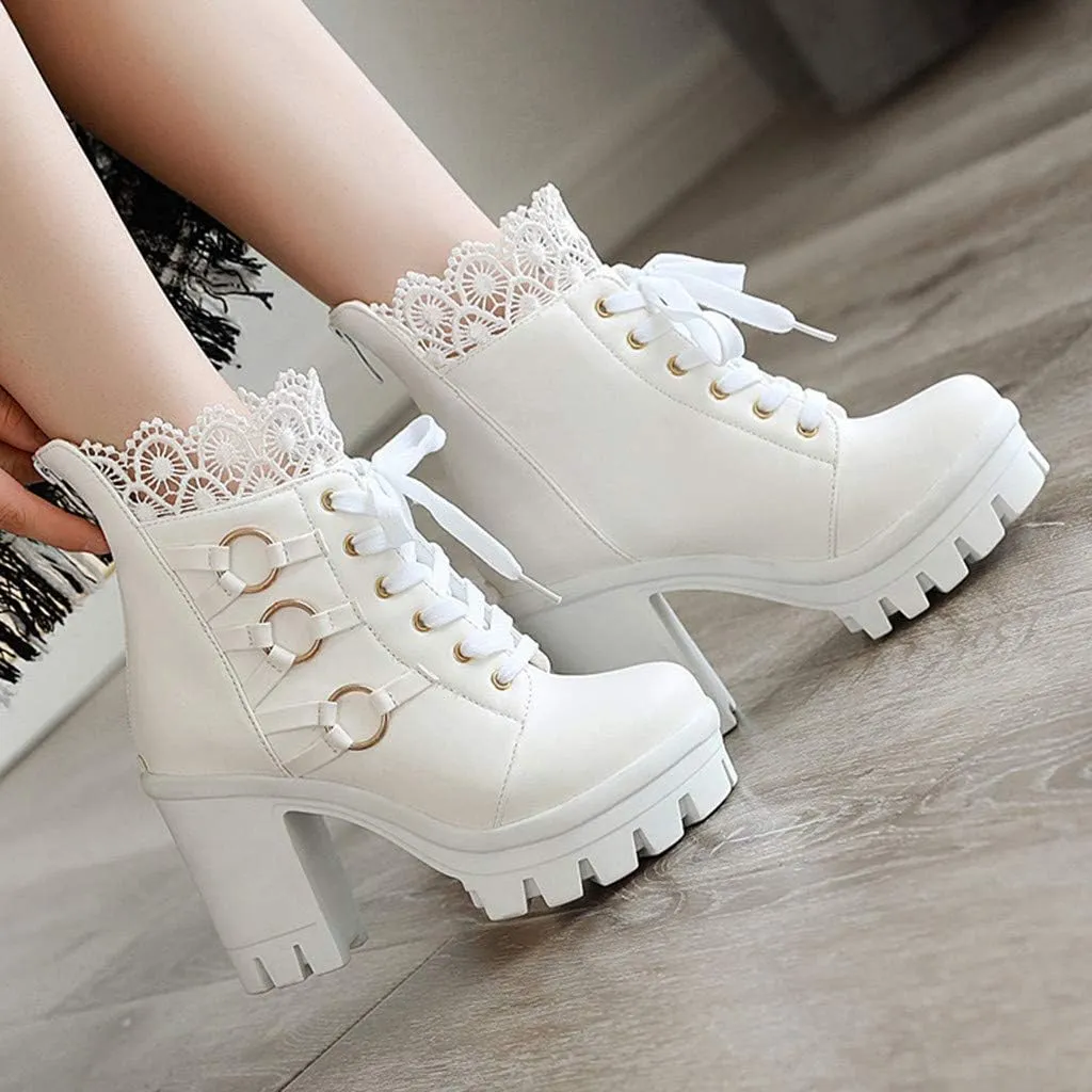 Women's Ankle Boots High Heel Lace Up Combat Booties Sweet Lace Zipper Boots Fashion Leather Chunky Booties