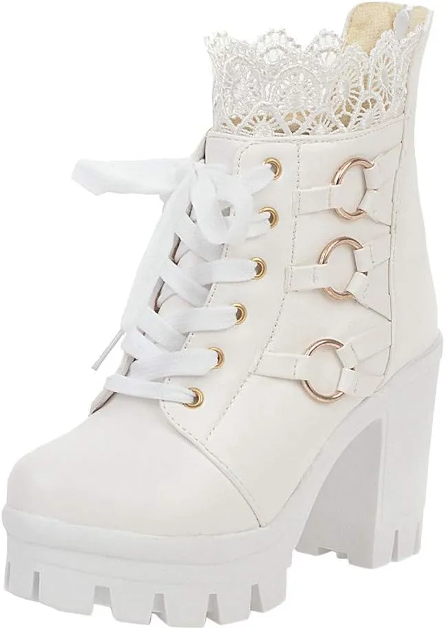 Women's Ankle Boots High Heel Lace Up Combat Booties Sweet Lace Zipper Boots Fashion Leather Chunky Booties