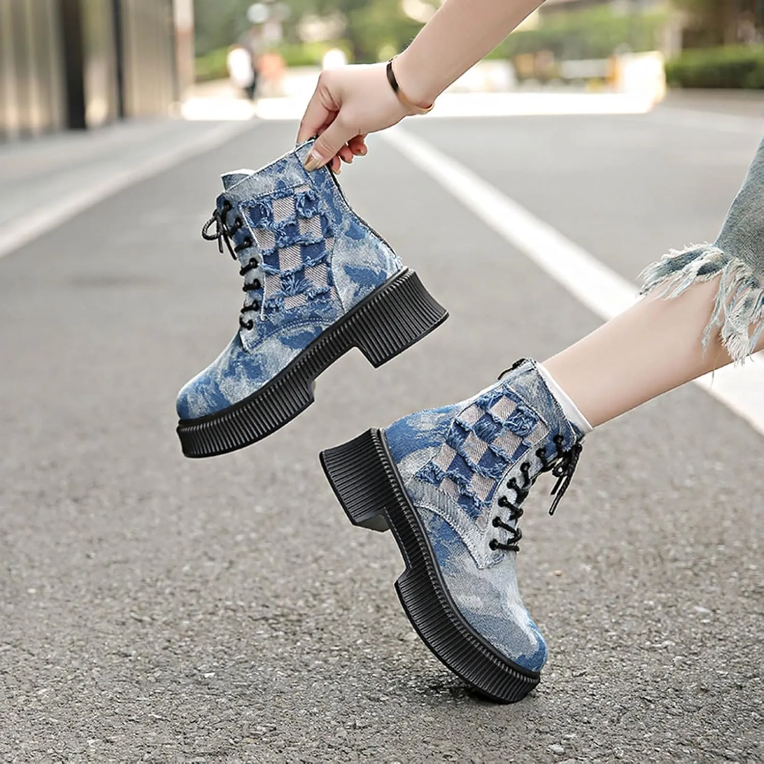 Women's Ankle Boots Trendy Denim Plaid Lace up Chunky Mid-Heeled Round Toe Western Cowgirl Cowboy Combat Booties