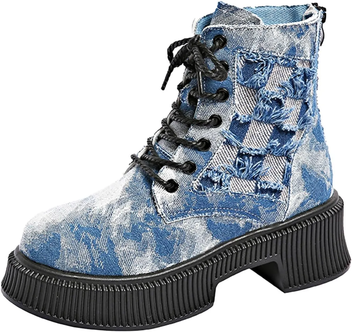 Women's Ankle Boots Trendy Denim Plaid Lace up Chunky Mid-Heeled Round Toe Western Cowgirl Cowboy Combat Booties