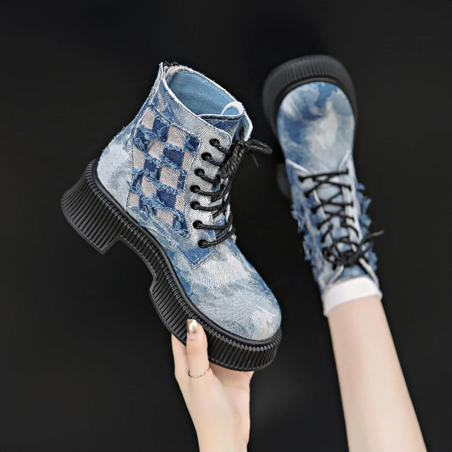 Women's Ankle Boots Trendy Denim Plaid Lace up Chunky Mid-Heeled Round Toe Western Cowgirl Cowboy Combat Booties