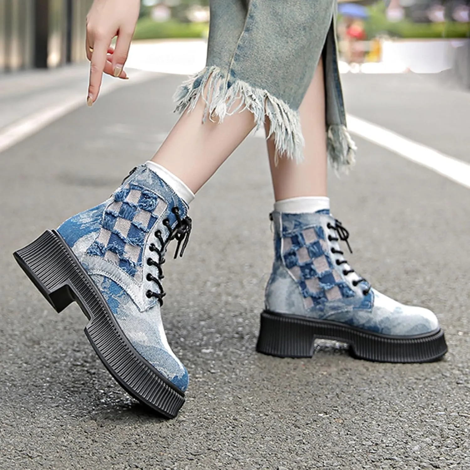 Women's Ankle Boots Trendy Denim Plaid Lace up Chunky Mid-Heeled Round Toe Western Cowgirl Cowboy Combat Booties