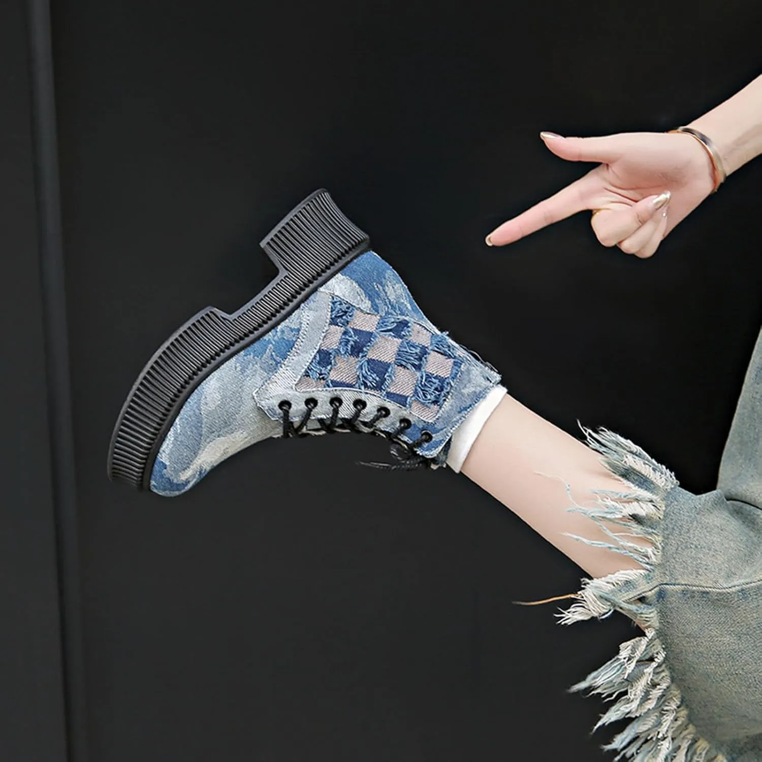 Women's Ankle Boots Trendy Denim Plaid Lace up Chunky Mid-Heeled Round Toe Western Cowgirl Cowboy Combat Booties