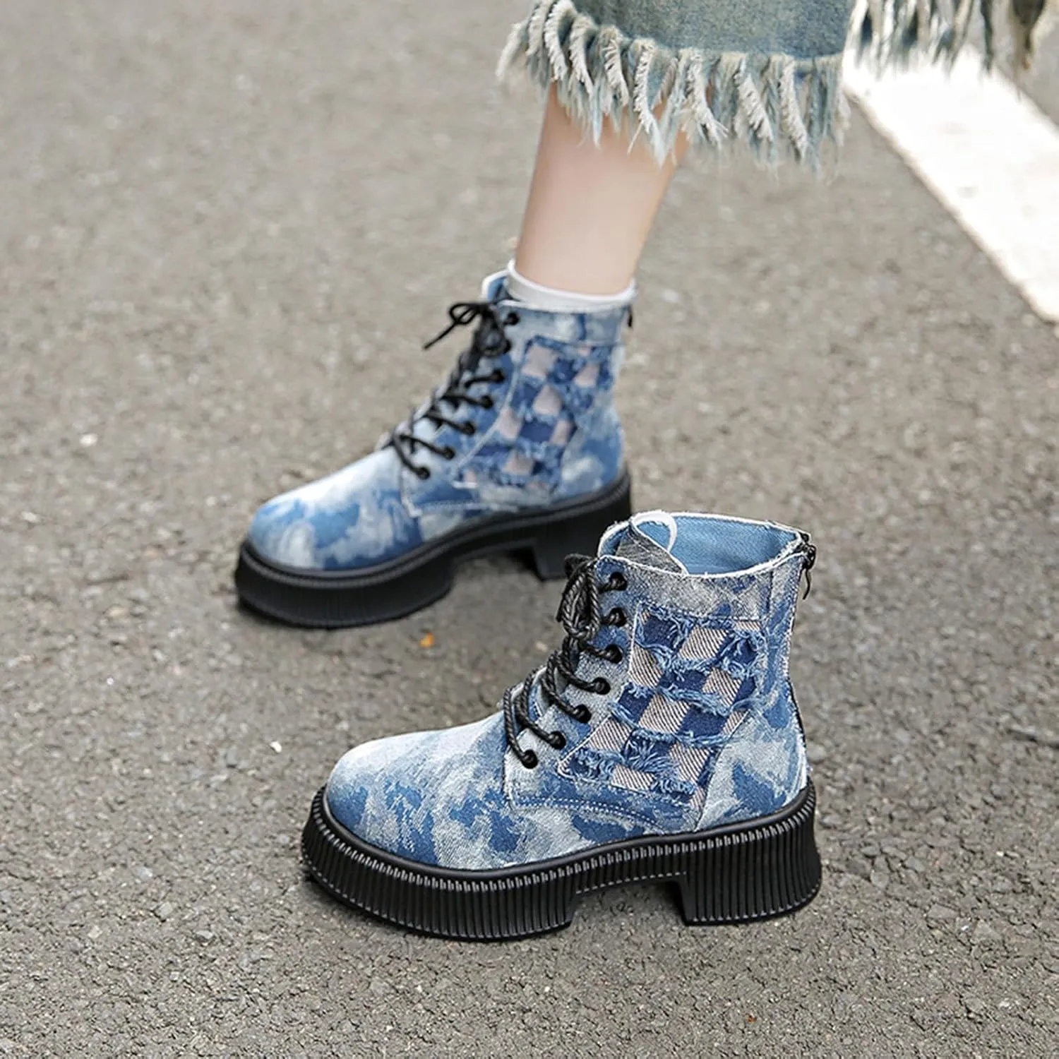 Women's Ankle Boots Trendy Denim Plaid Lace up Chunky Mid-Heeled Round Toe Western Cowgirl Cowboy Combat Booties