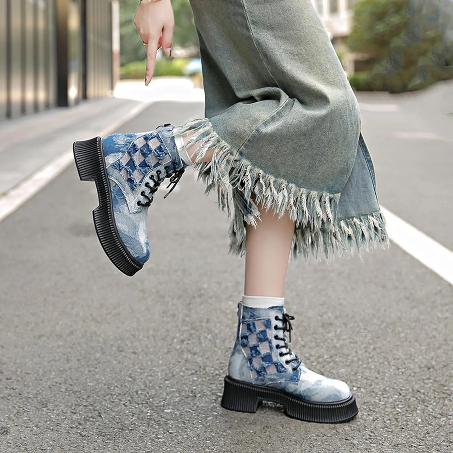 Women's Ankle Boots Trendy Denim Plaid Lace up Chunky Mid-Heeled Round Toe Western Cowgirl Cowboy Combat Booties