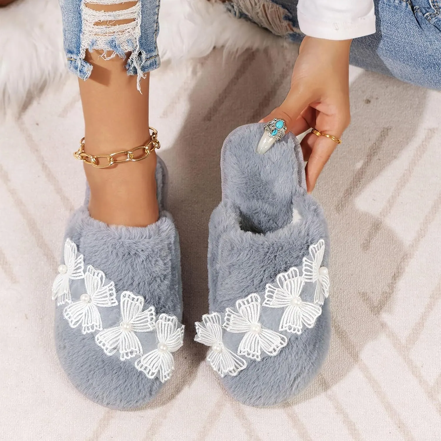 Women's Fuzzy Slippers Indoor Open Toe House Slippers Cozy Plush Bedroom Shoes Warm Cute Womens Slippers