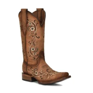 Women's L2063 Floral Embroidery Square Toe Cowboy Boots Sandalwood Slip On Style