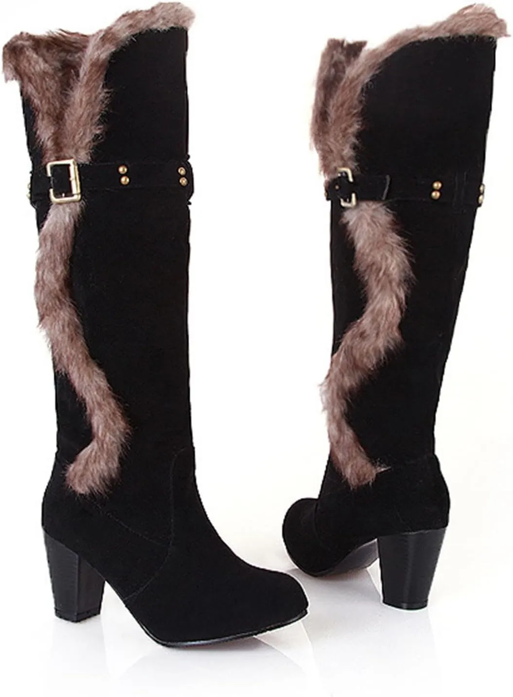 Women's Winter Fur Cut Out Knee High Boot Fashion Chunky Heels Warm Insulated Boots Trendy High Heel Snow Booties