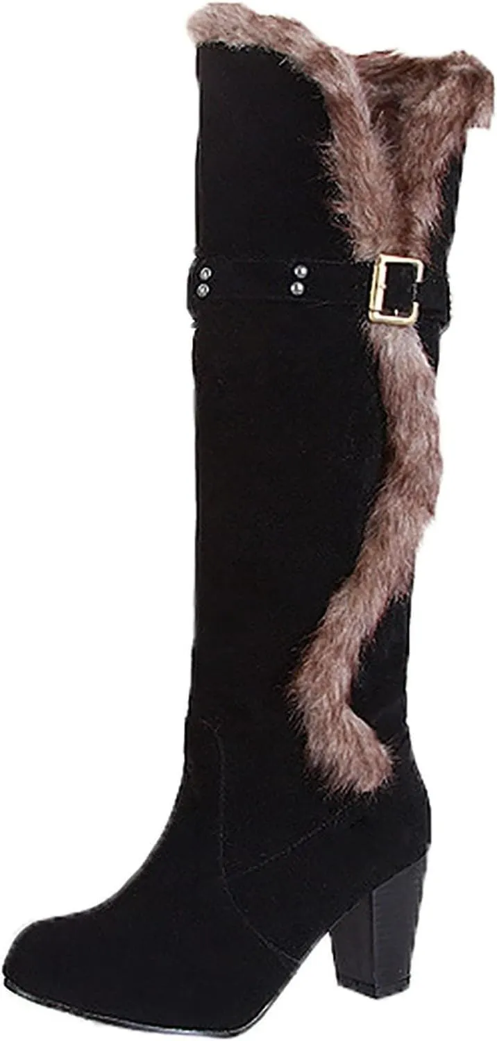 Women's Winter Fur Cut Out Knee High Boot Fashion Chunky Heels Warm Insulated Boots Trendy High Heel Snow Booties