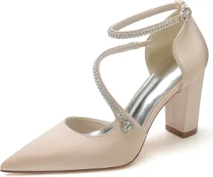 Womens with Rhinestone Ankle Strap Block Chunky Heel Pumps Wedding Business Dress Shoes Closed Pointed Toe Bridal Shoes